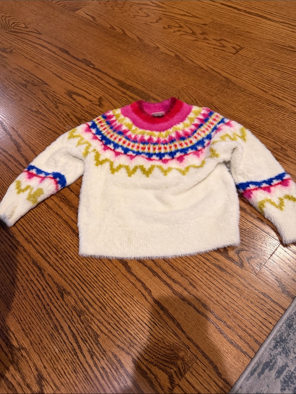 Cozy White Fair Isle Crewneck Sweater with Pink Trim